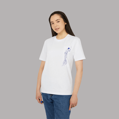 white organic tee with aizkolari front design by AUNTI