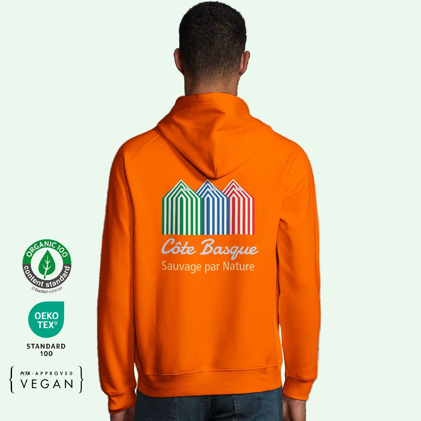 ocs and peta approved vegan hoodie in orange with beach cabins design on back by Aunti