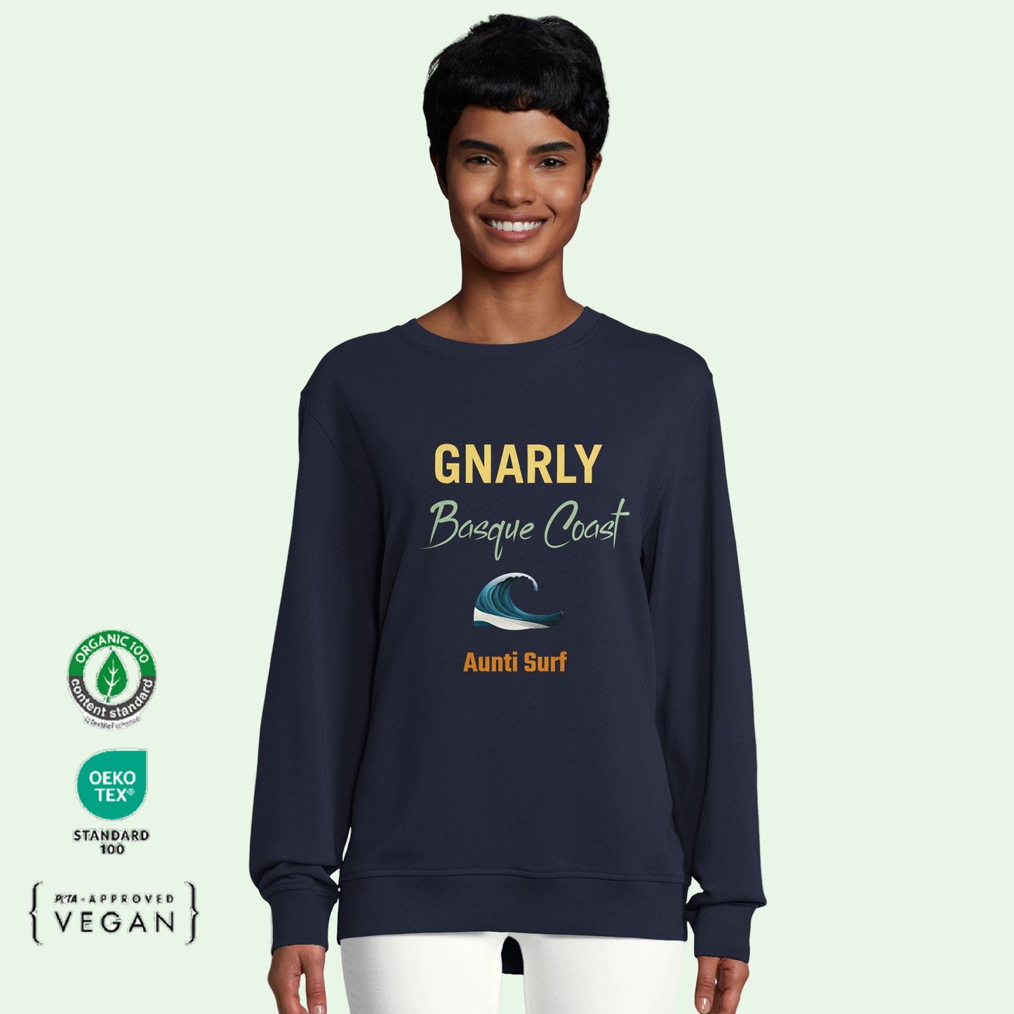 sudadera ecologica con texto en el frente Gnarly Basque Coast by Aunti Surf