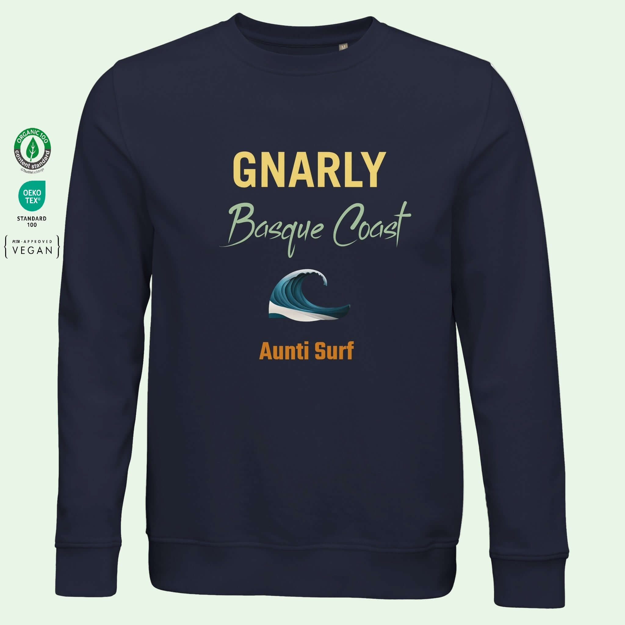 sudadera ecologica con texto gnarly en azul marino frente