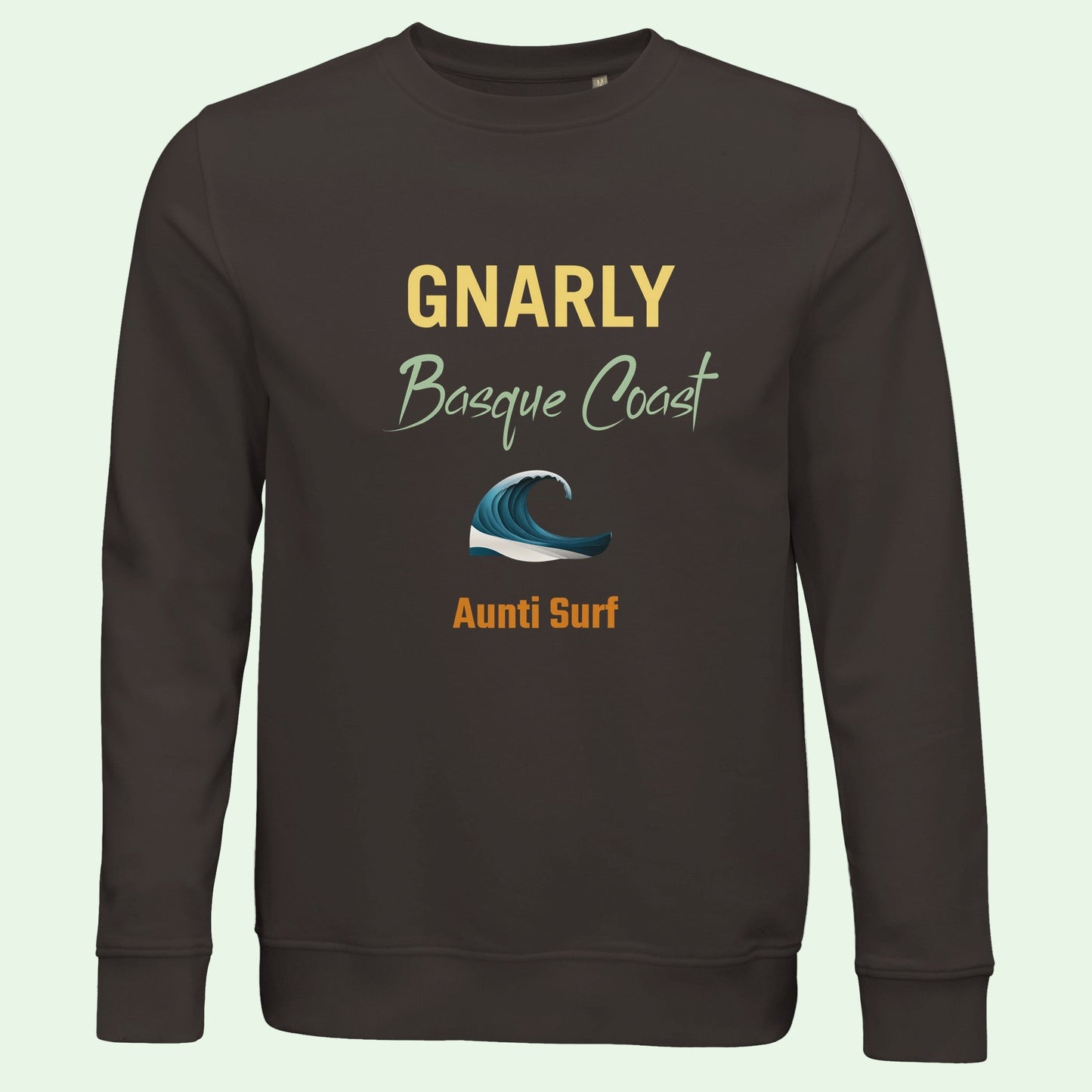 sudadera ecologica unisex gris oscuro con diseño frontal de Aunti Surf