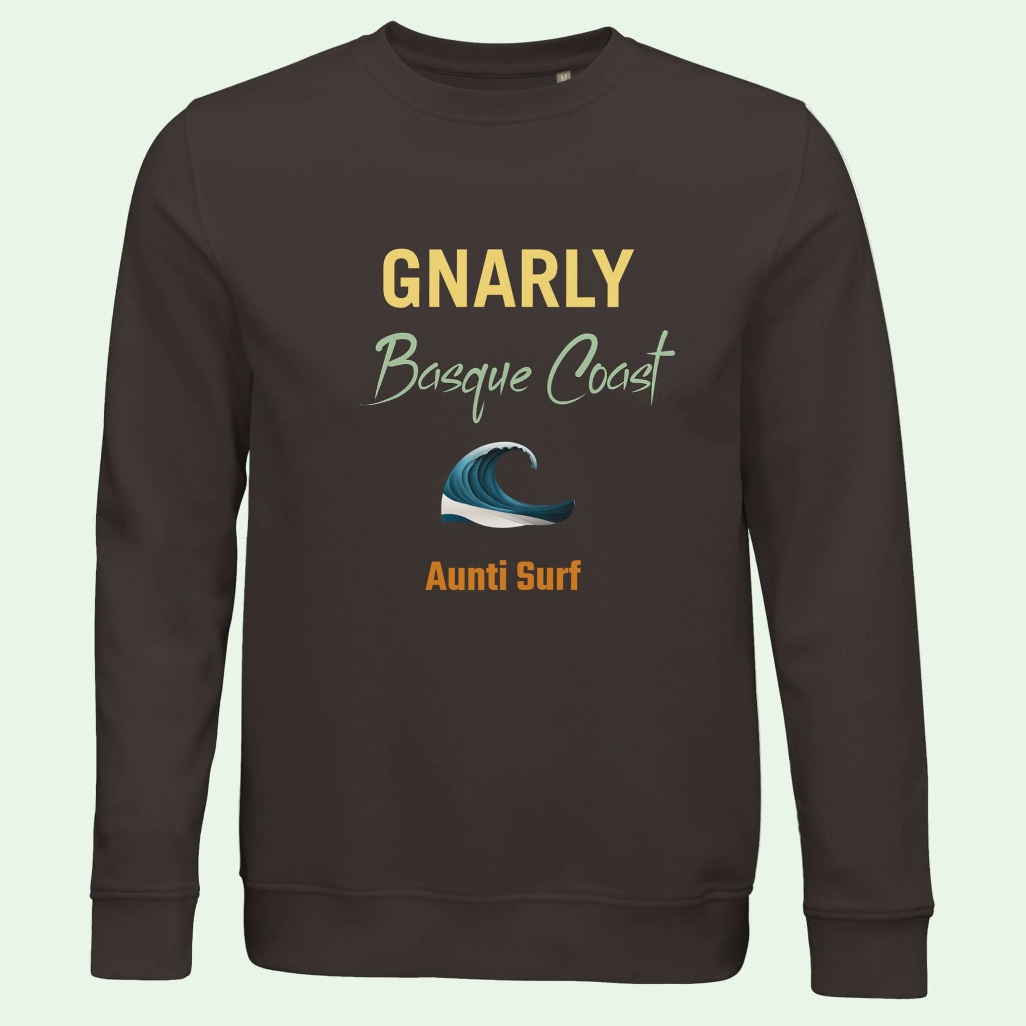 sudadera ecologica unisex gris oscuro con diseño frontal de Aunti Surf