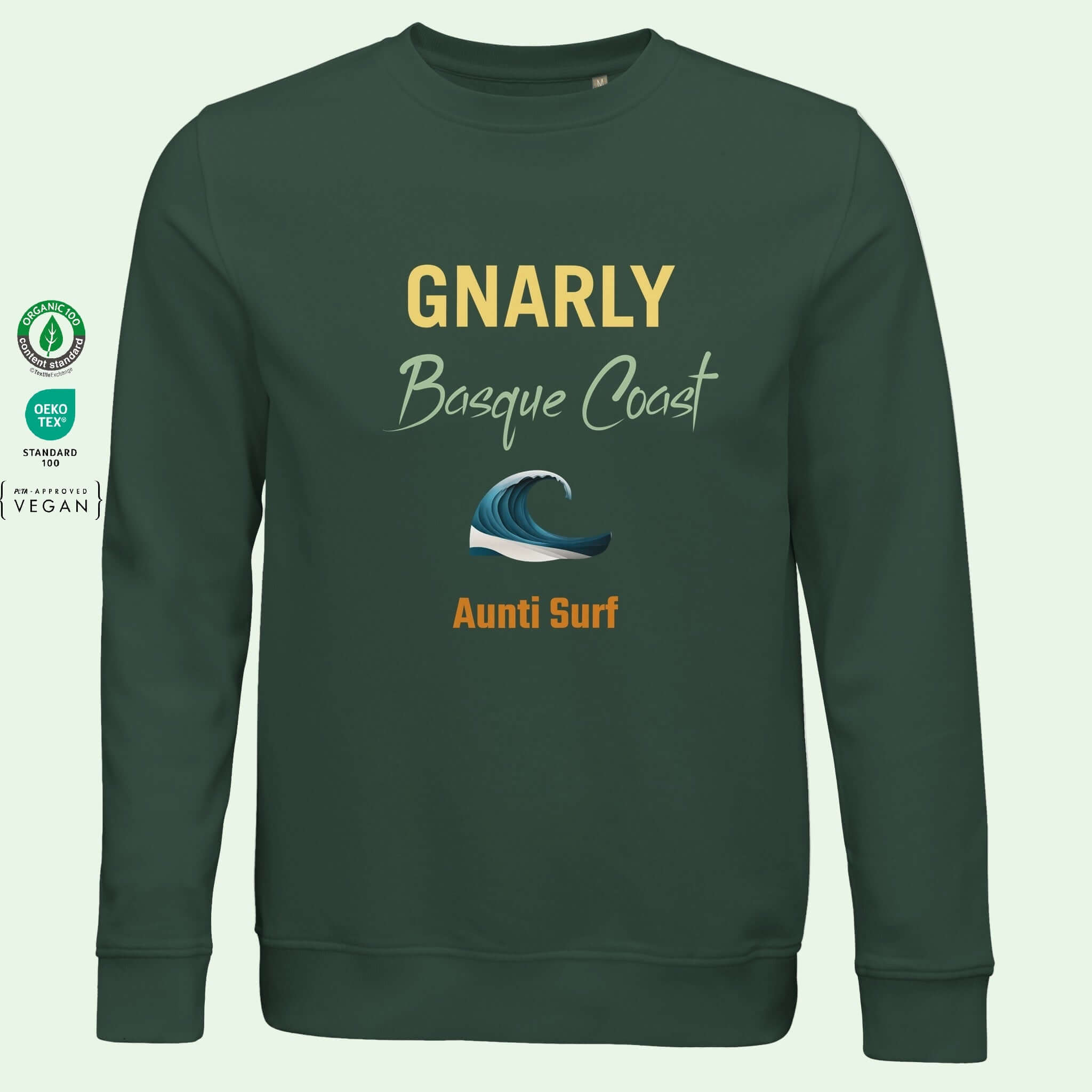 sudadera ecologica verde botella con texto gnarly basque coast frente