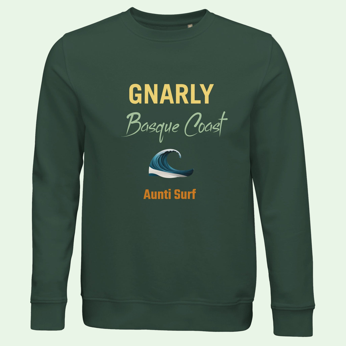 sudadera ecológica unisex en verde botella con diseño frontal de Aunti Surf