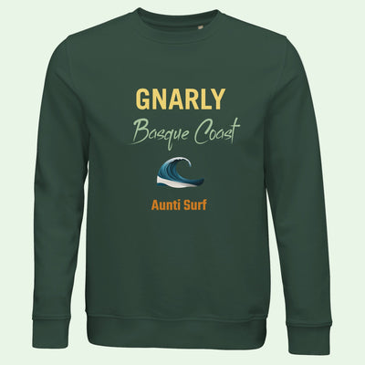 sudadera ecológica unisex en verde botella con diseño frontal de Aunti Surf