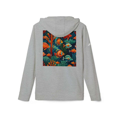 sudadera gris claro con diseño grafico trasero customizada por Vexora Apparel con corales y peces tropicales