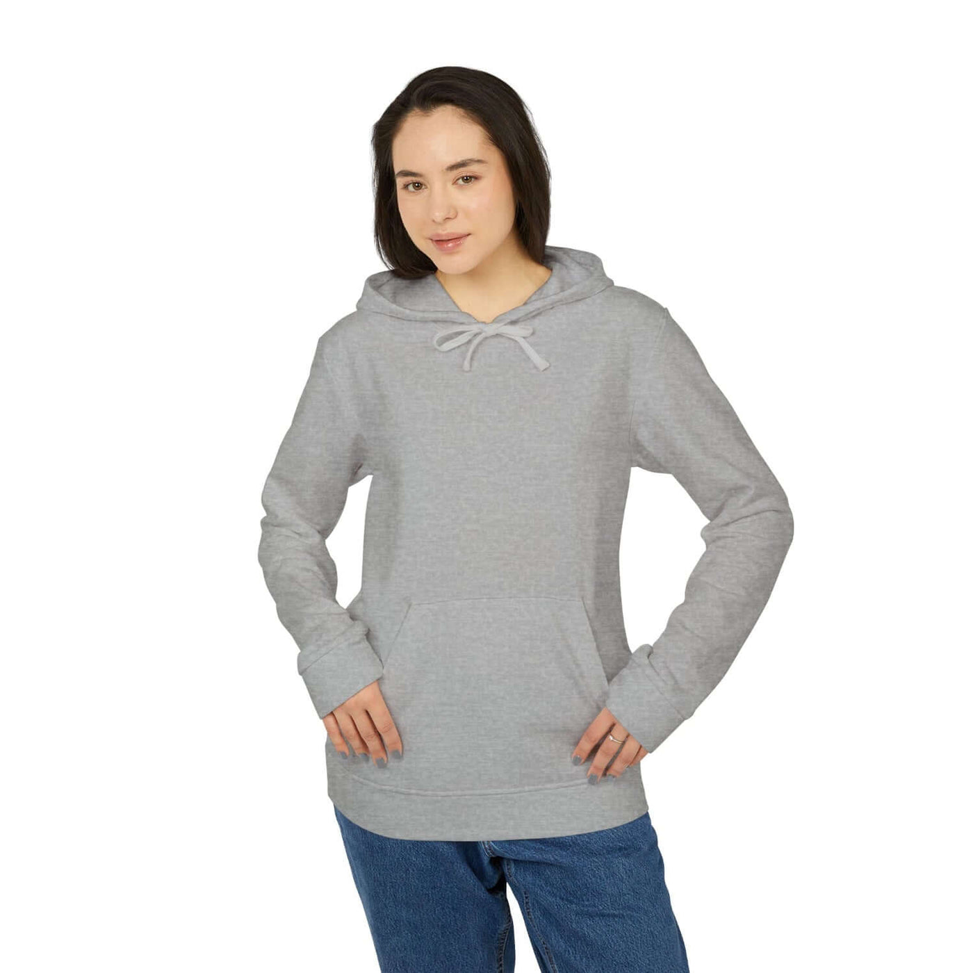 Chica vistiendo sudadera Adidas gris claro personalizada por Vexora Apparel con diseño grafico en la espalda