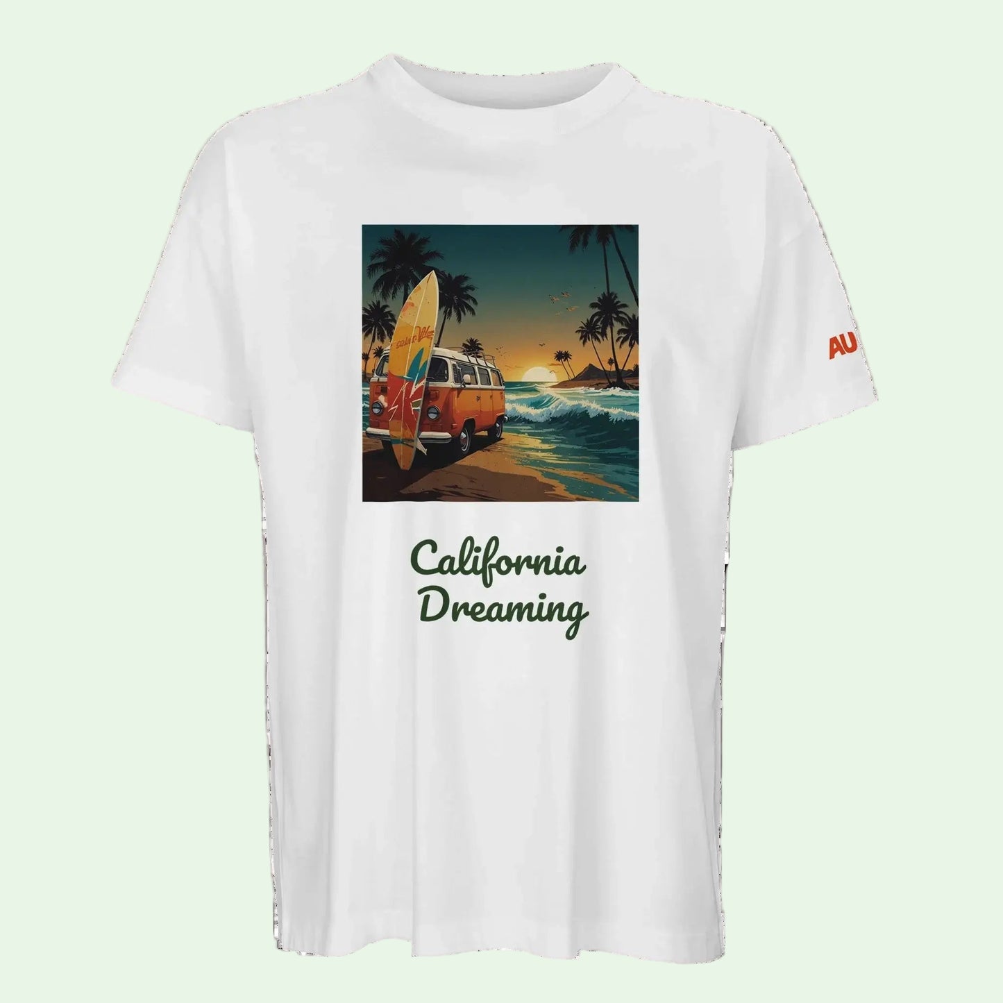 sustainable white t-shirt with california dreaming front design