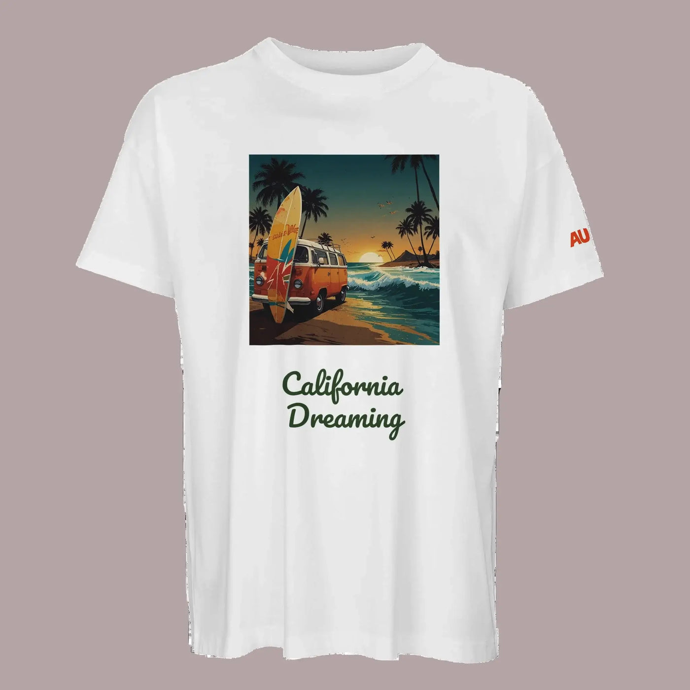 sustainable white t-shirt with california dreaming front design