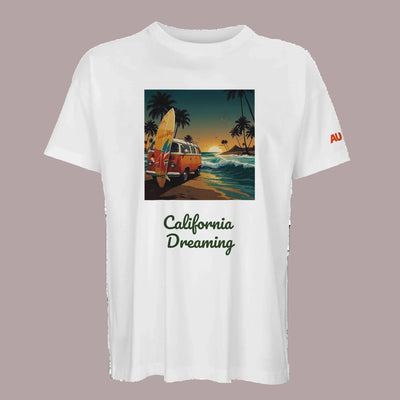 sustainable white t-shirt with california dreaming front design