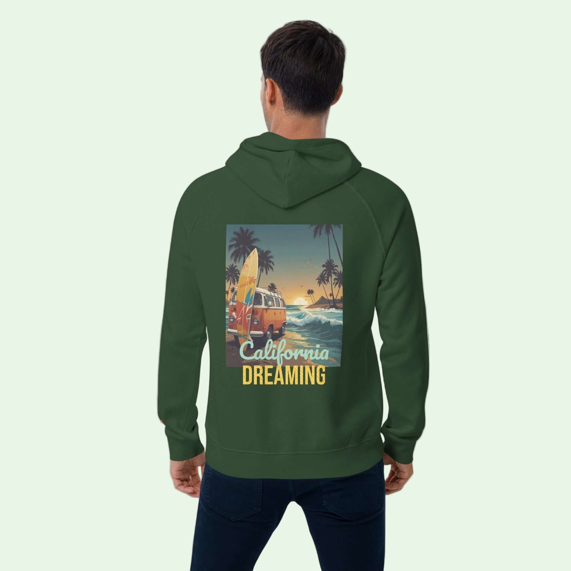 man wearing a sustainable hoodie with Calfornia Beach bask design by AUNTI