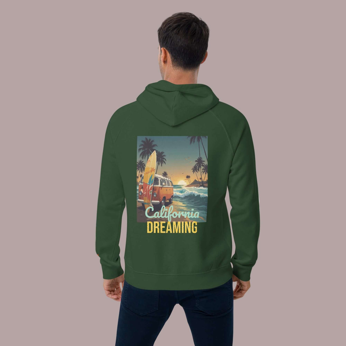man wearing a sustainable hoodie with Calfornia Beach bask design by AUNTI
