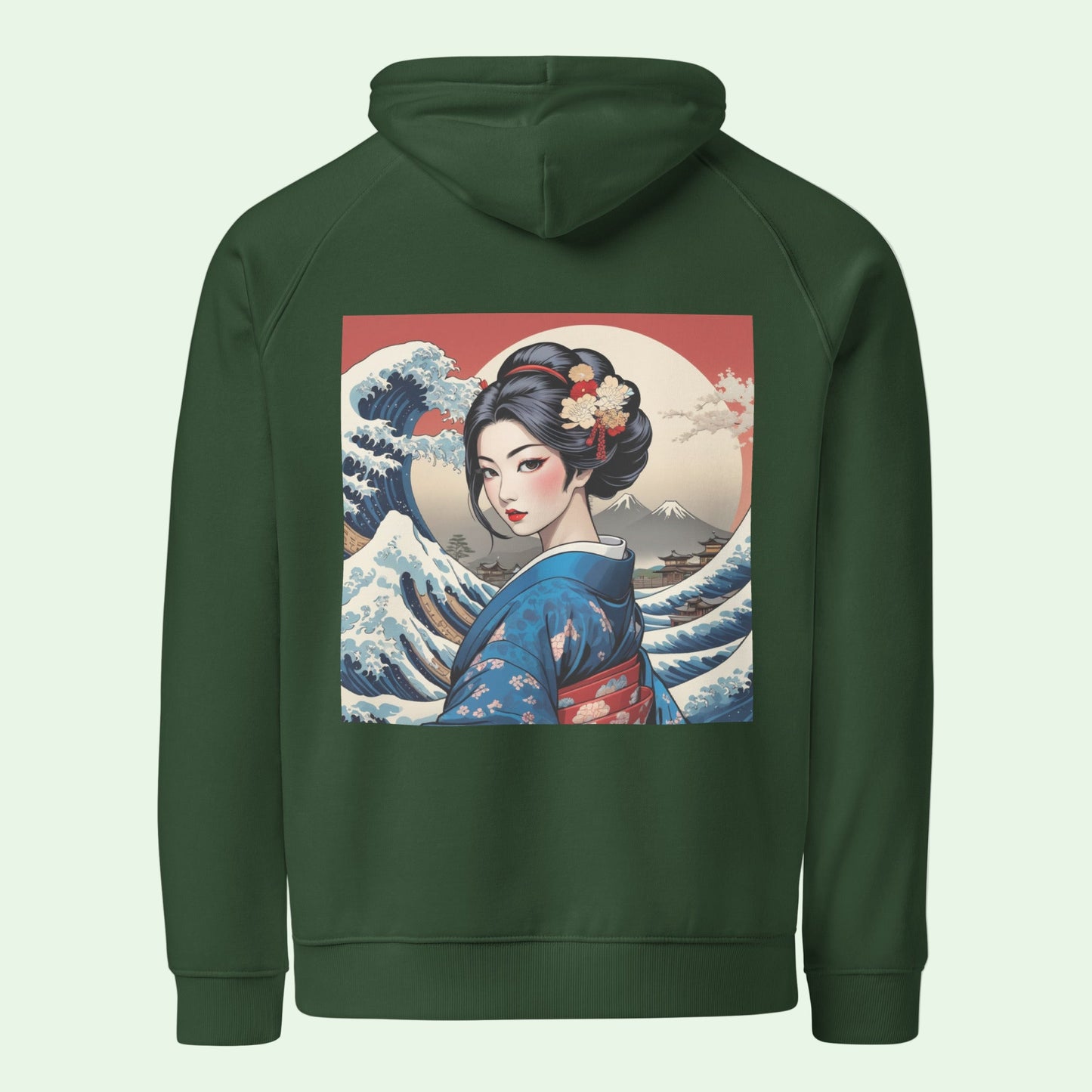 sustainable-green-hoodie-geisha-back-design by Aunti