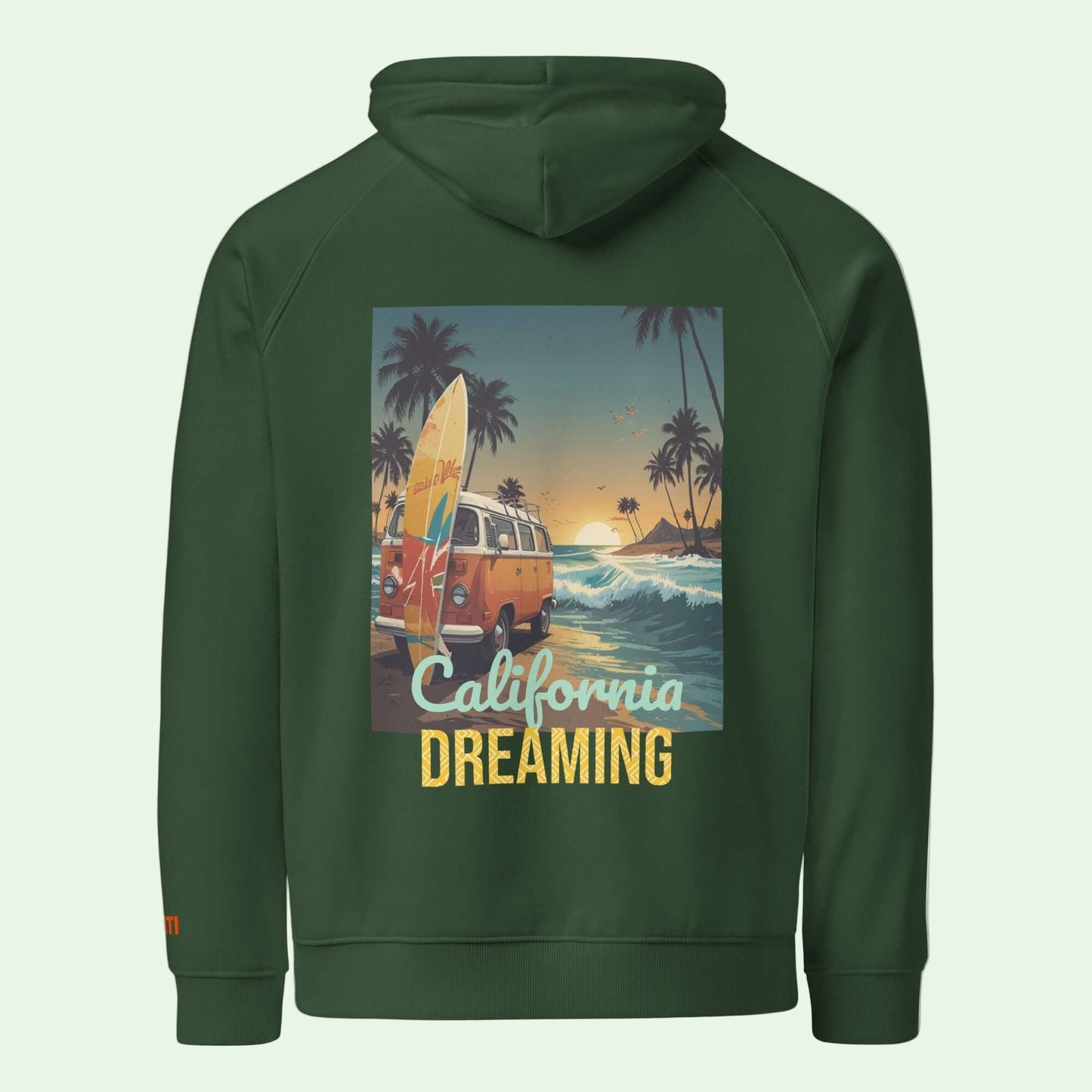 unisex eco ranglan hoodie bottle green california dreaming back design by Aunti