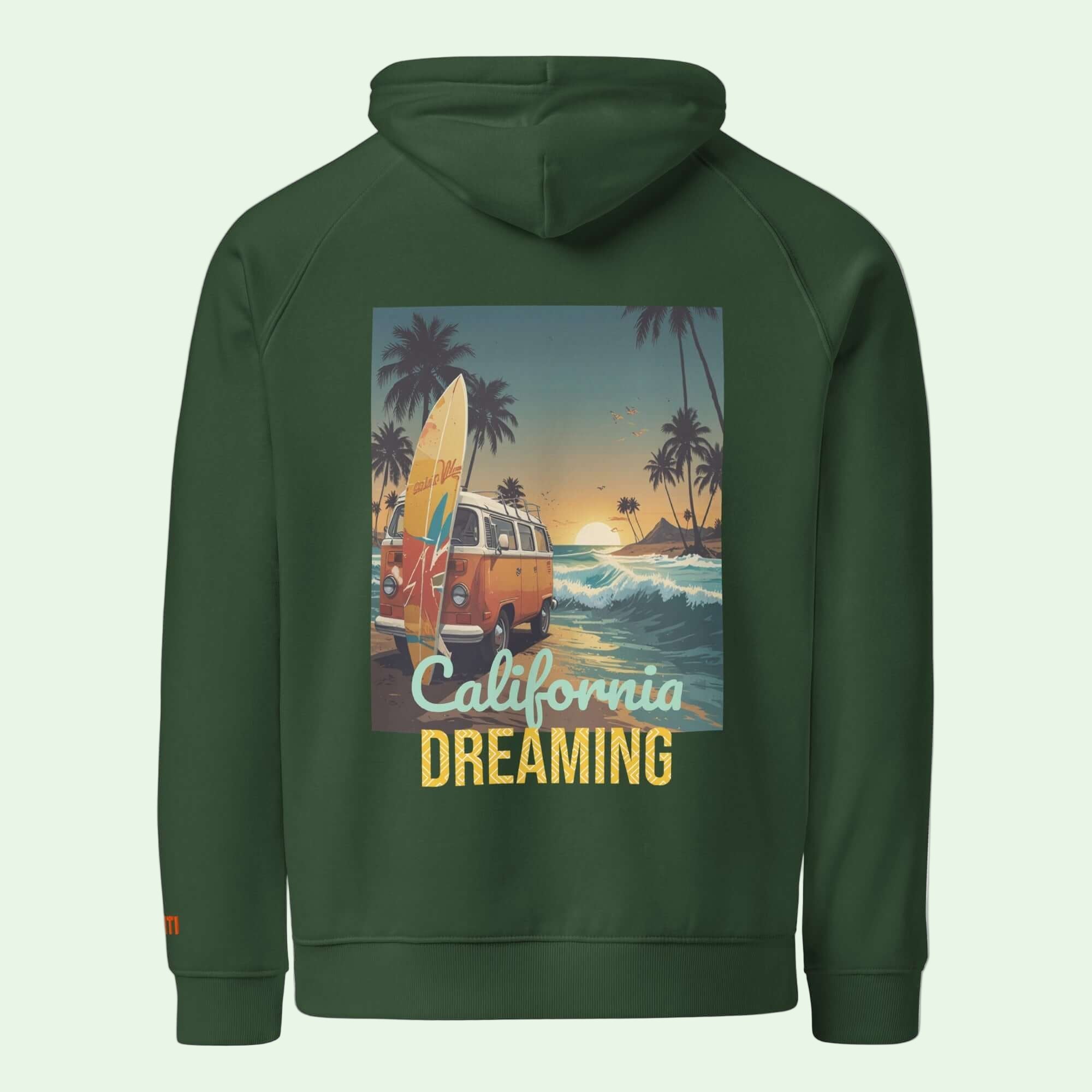 unisex eco ranglan hoodie bottle green california dreaming back design by Aunti