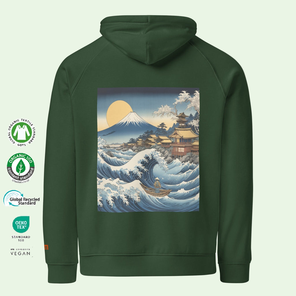 unisex gots eco green hoodie with Hokusai Great Wave design back by Aunti