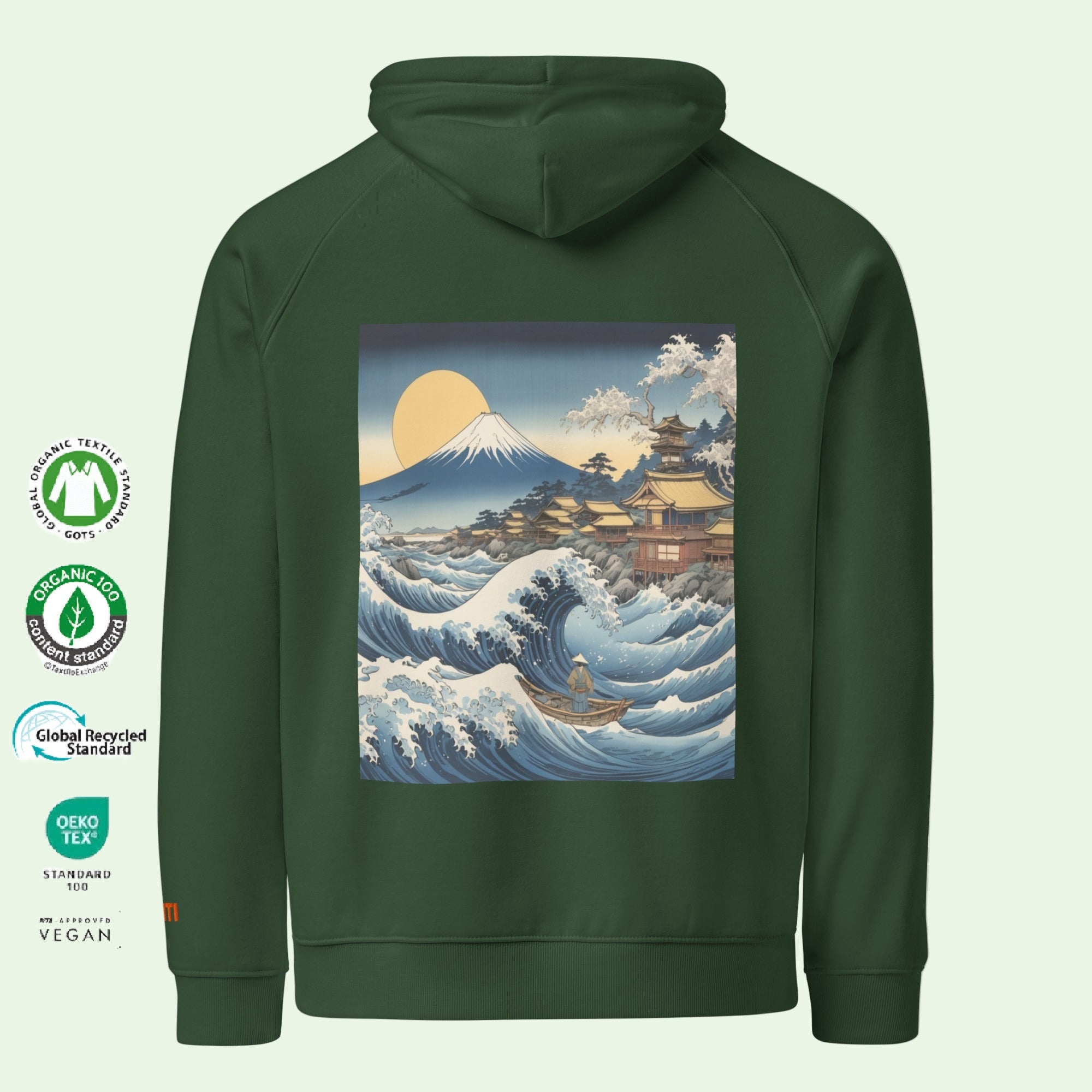 unisex gots eco green hoodie with Hokusai Great Wave design back by Aunti