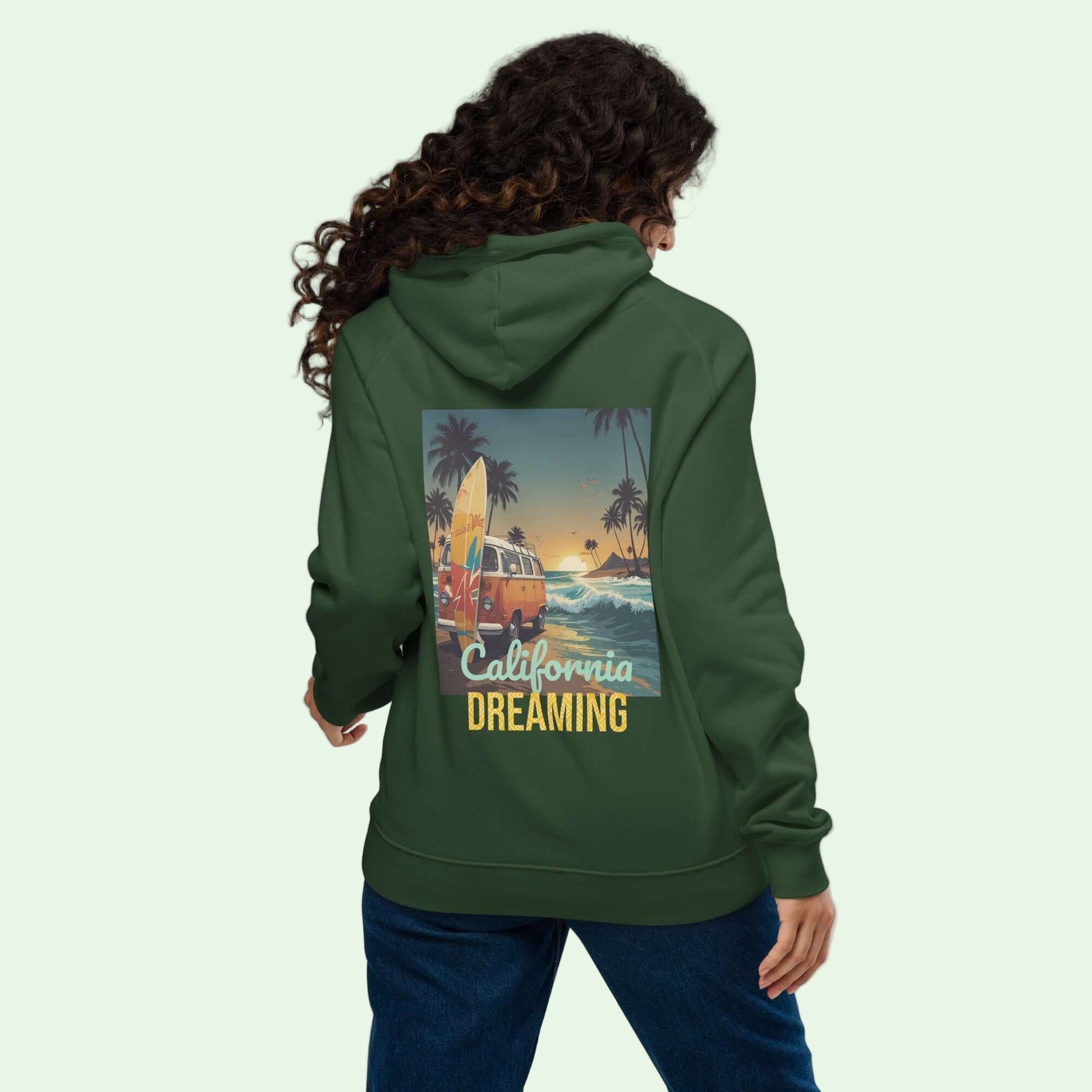 unisex eco ranglan hoodie bottle green california dreaming back design by Aunti
