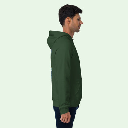 a man wearing an unisex eco ranglan hoodie in bottle green by Aunti  right view