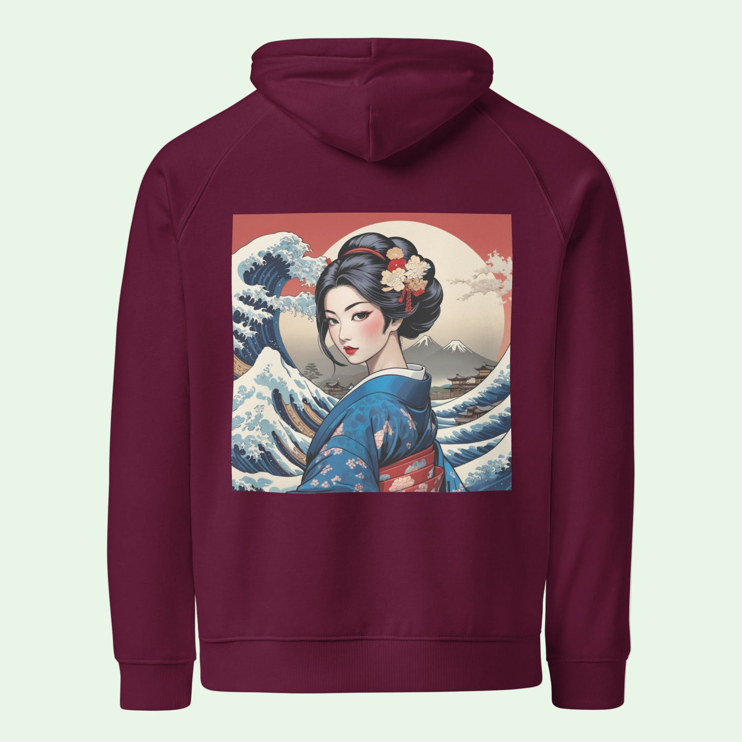 Geisha-organic-hoodie-burgundy-back-design by Aunti