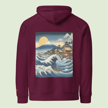 gots eco hoodie in burgundy with Great Japanese wave by hokusai design back by Aunti