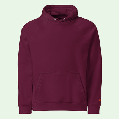 unisex eco ranglan hoodie in burgundy front by Aunti