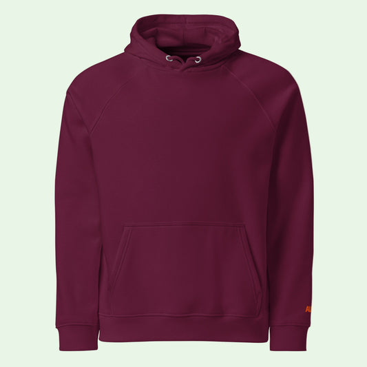 unisex eco ranglan hoodie in burgundy front by Aunti