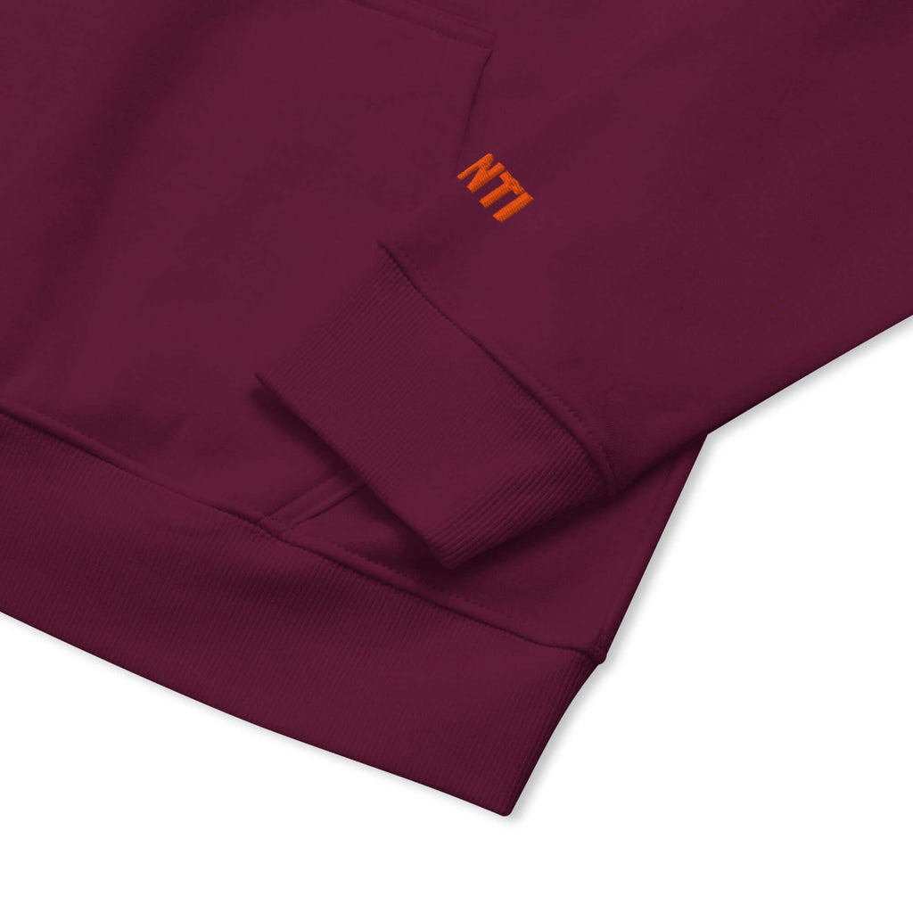 unisex eco ranglan hoodie burgundy sleeve aunti embrodery dettail