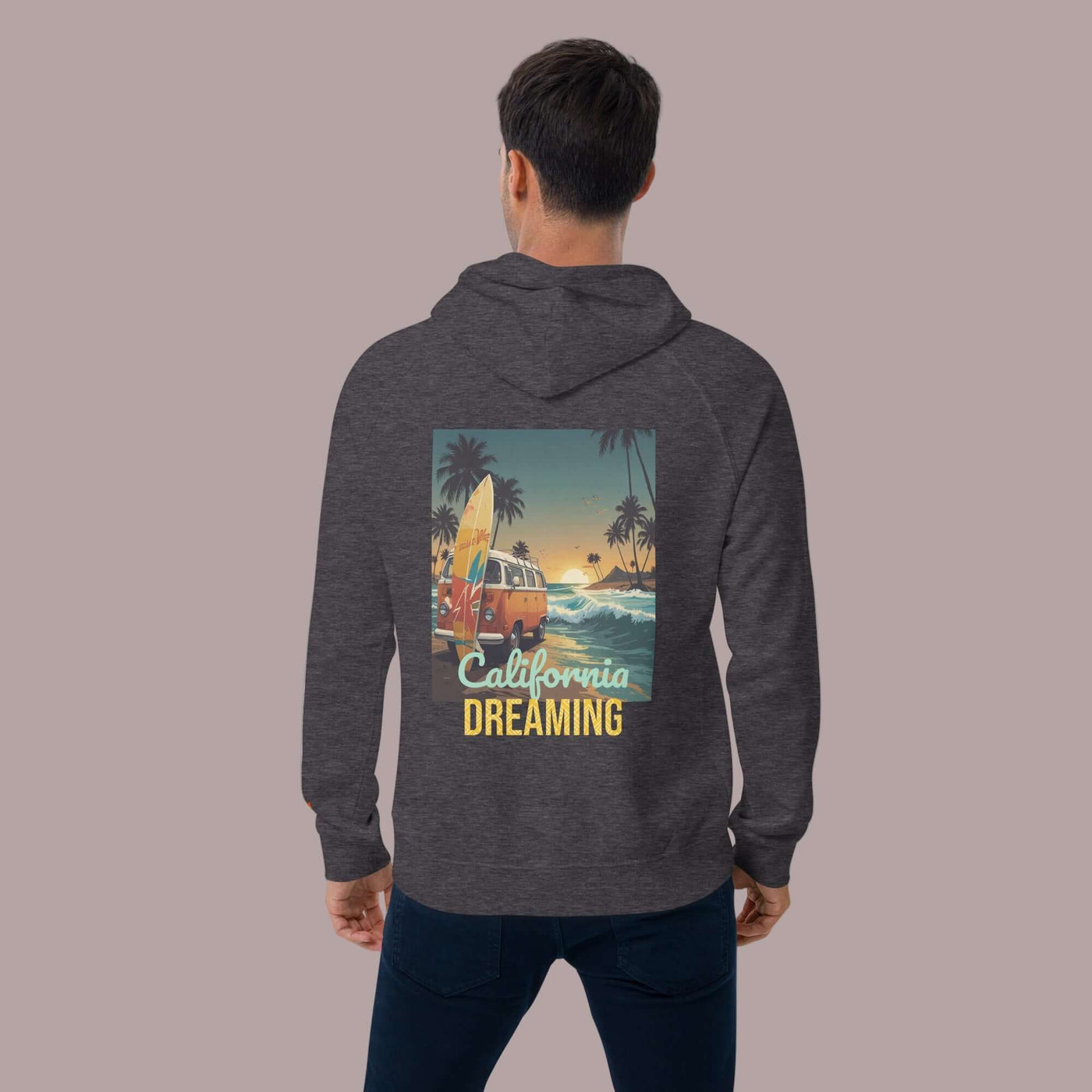 unisex-eco-ranglan-hoodie-charcoal with californa beach design on the back