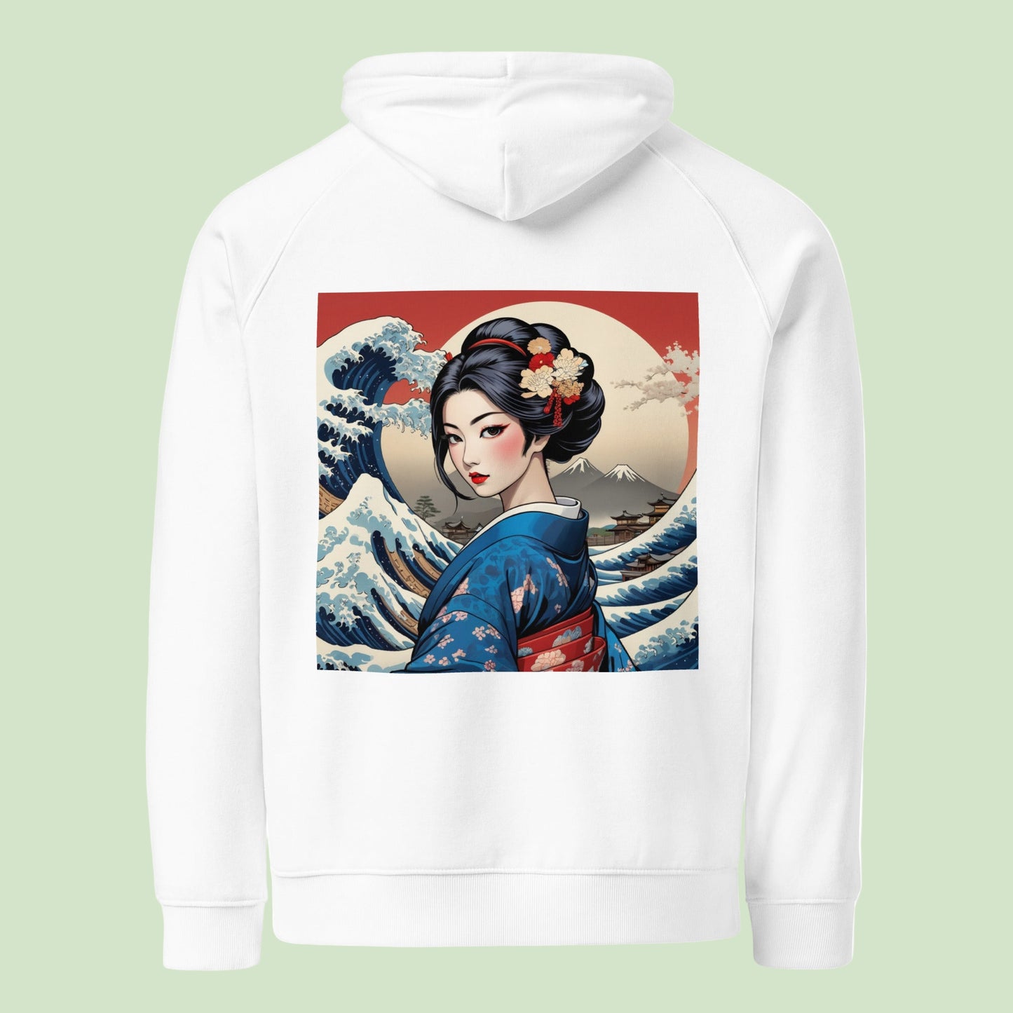 unisex eco ranglan hoodie in white with Geisha back design by Aunti
