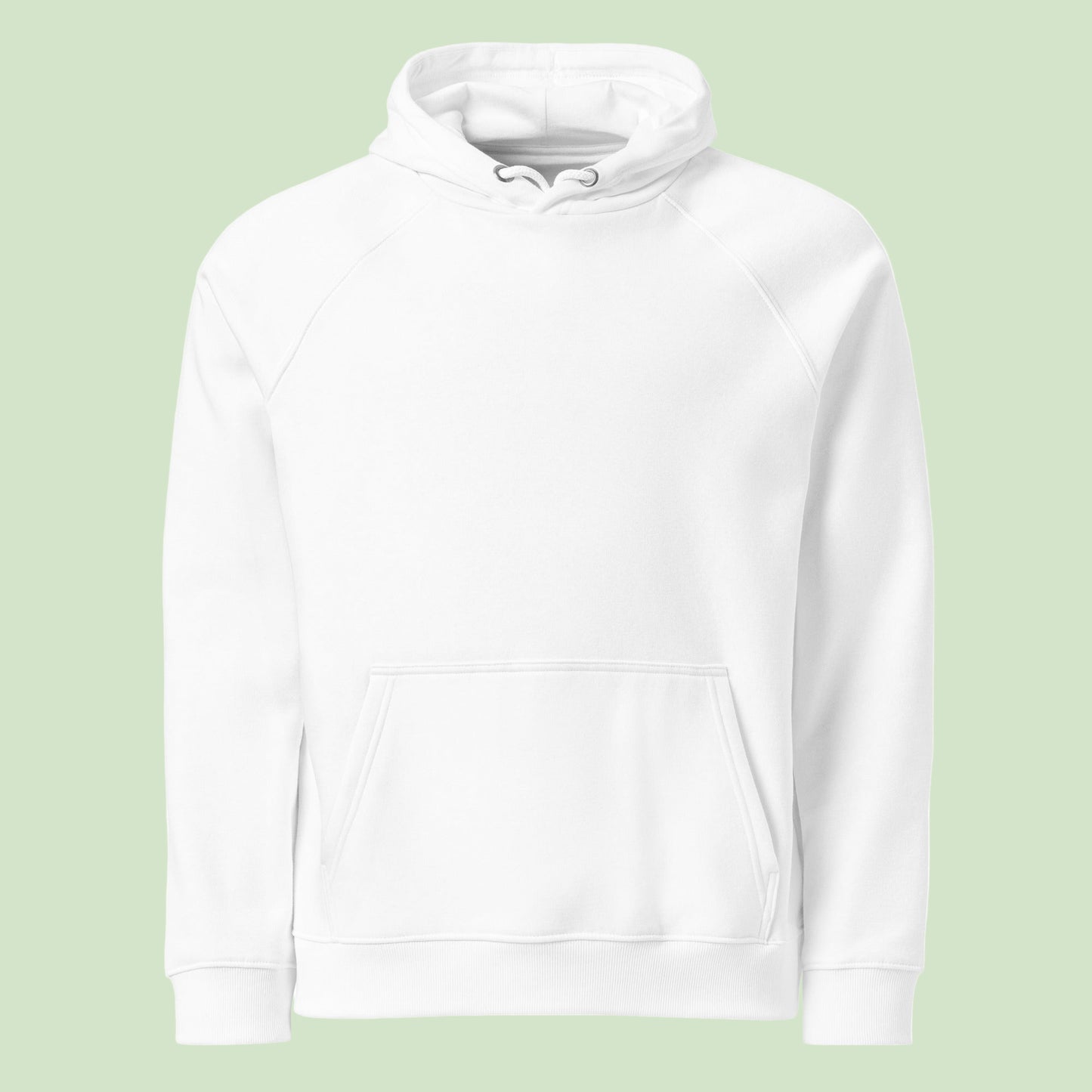 unisex eco ranglan hoodie in whit front view by Aunti