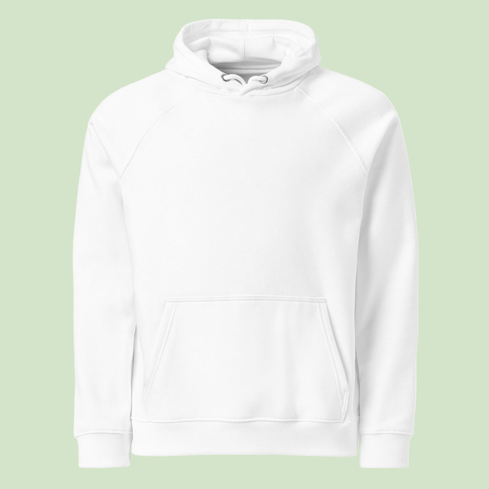 unisex eco ranglan hoodie in whit front view by Aunti