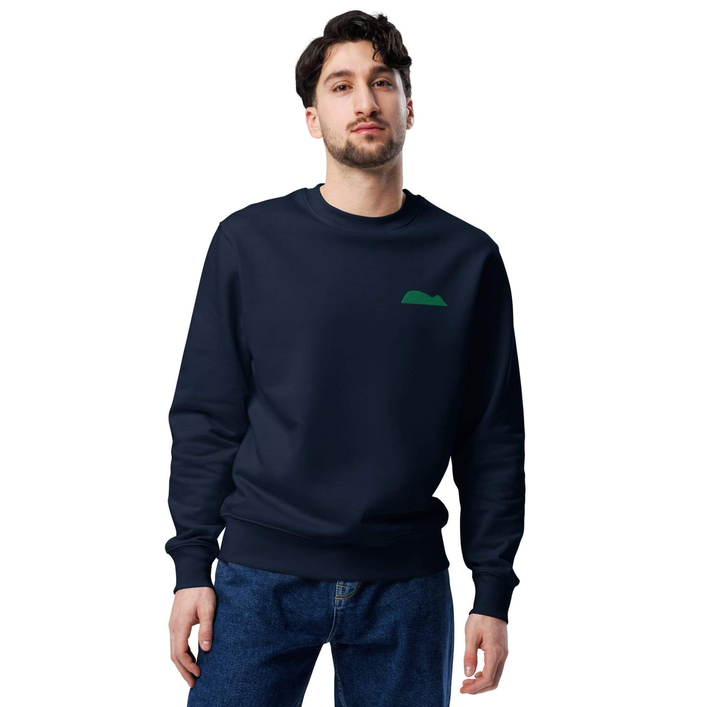 unisex-eco-sweatshirt-in-navy-front-with-green-raton-de-getaria-embrodery-on-chest