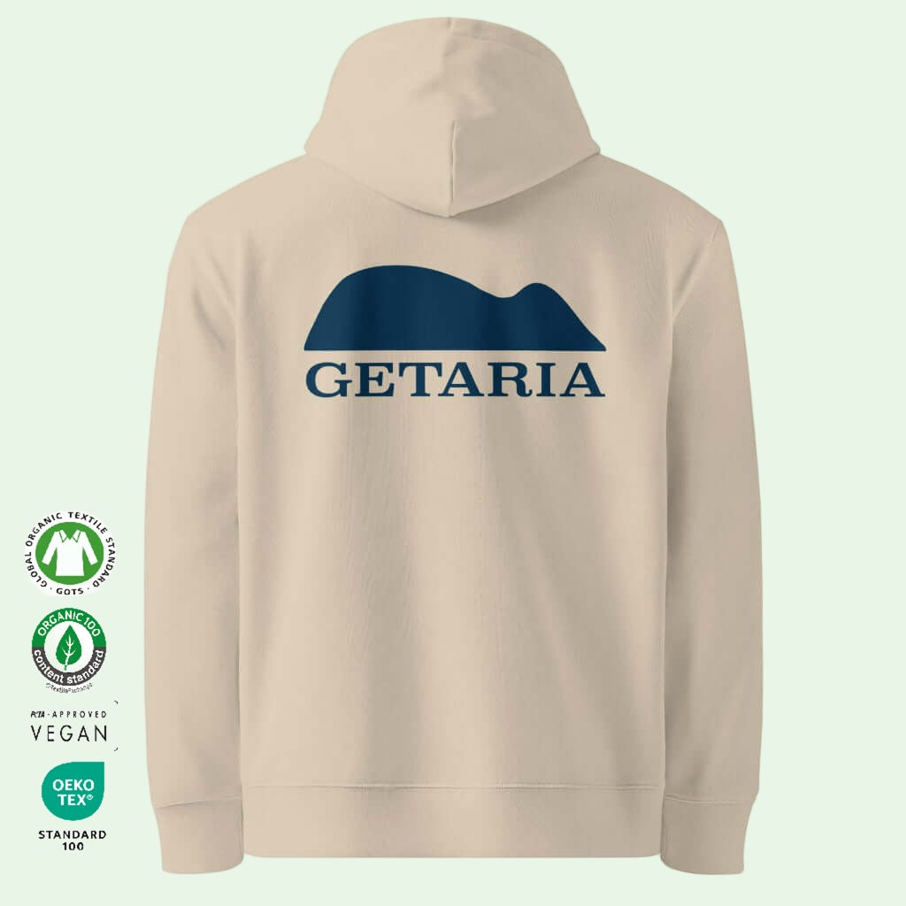 unisex essential eco hoodie in desert dust with getaria mouse back design by aunti
