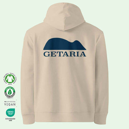 unisex essential eco hoodie in desert dust with getaria mouse back design by aunti