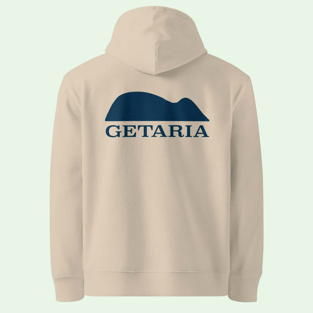 eco hoodie in cream with blue back  design of the mouse of getaria by Aunti
