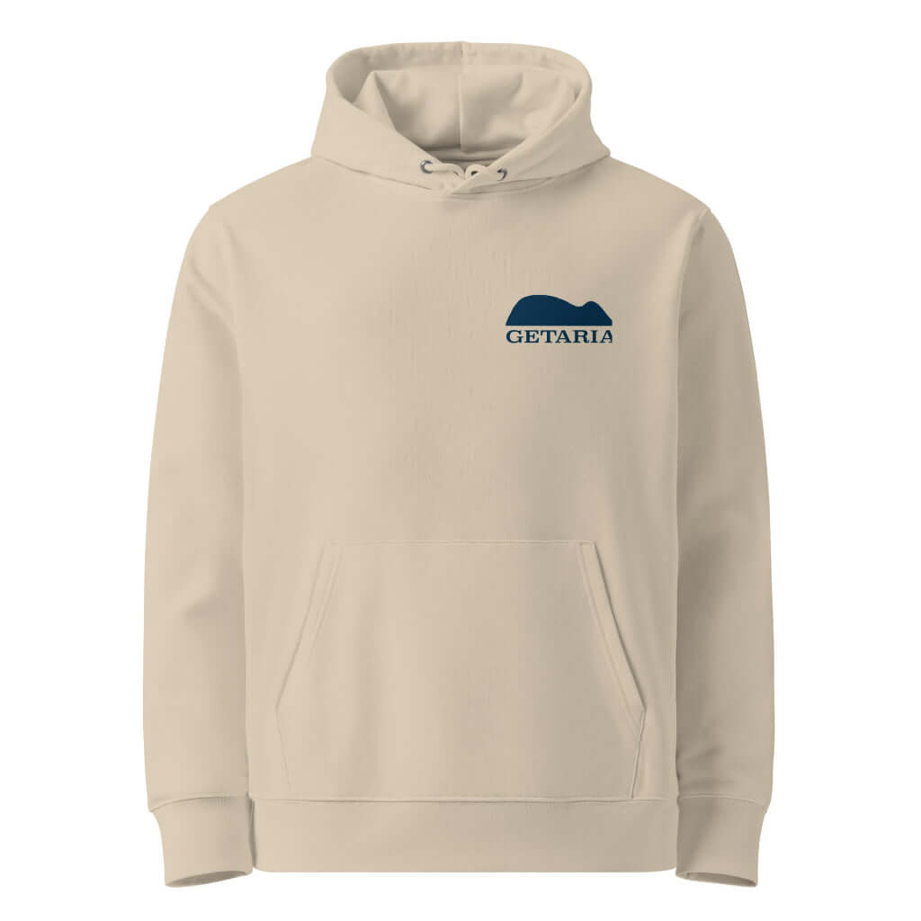 unisex eco hoodie in cream with el raton de getaria front design 