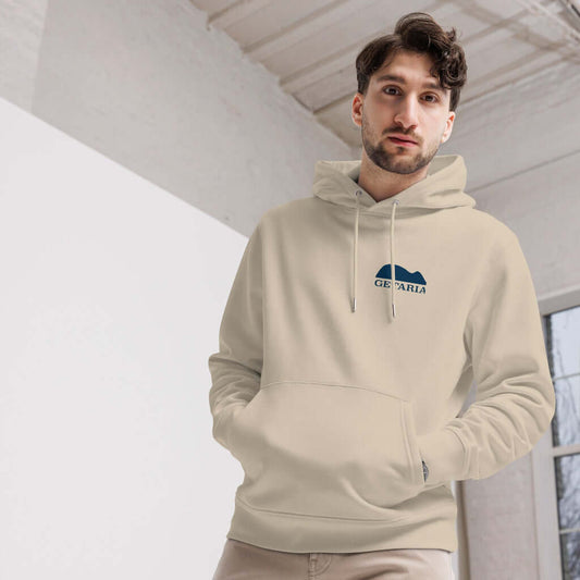 man wearing a eco hoodie with green embrodery of el raton de getaria, by Aunti