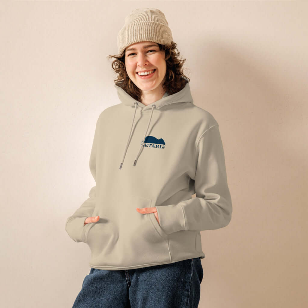eco hoodie unisex in cream with el ratn de getaria embrodery in green