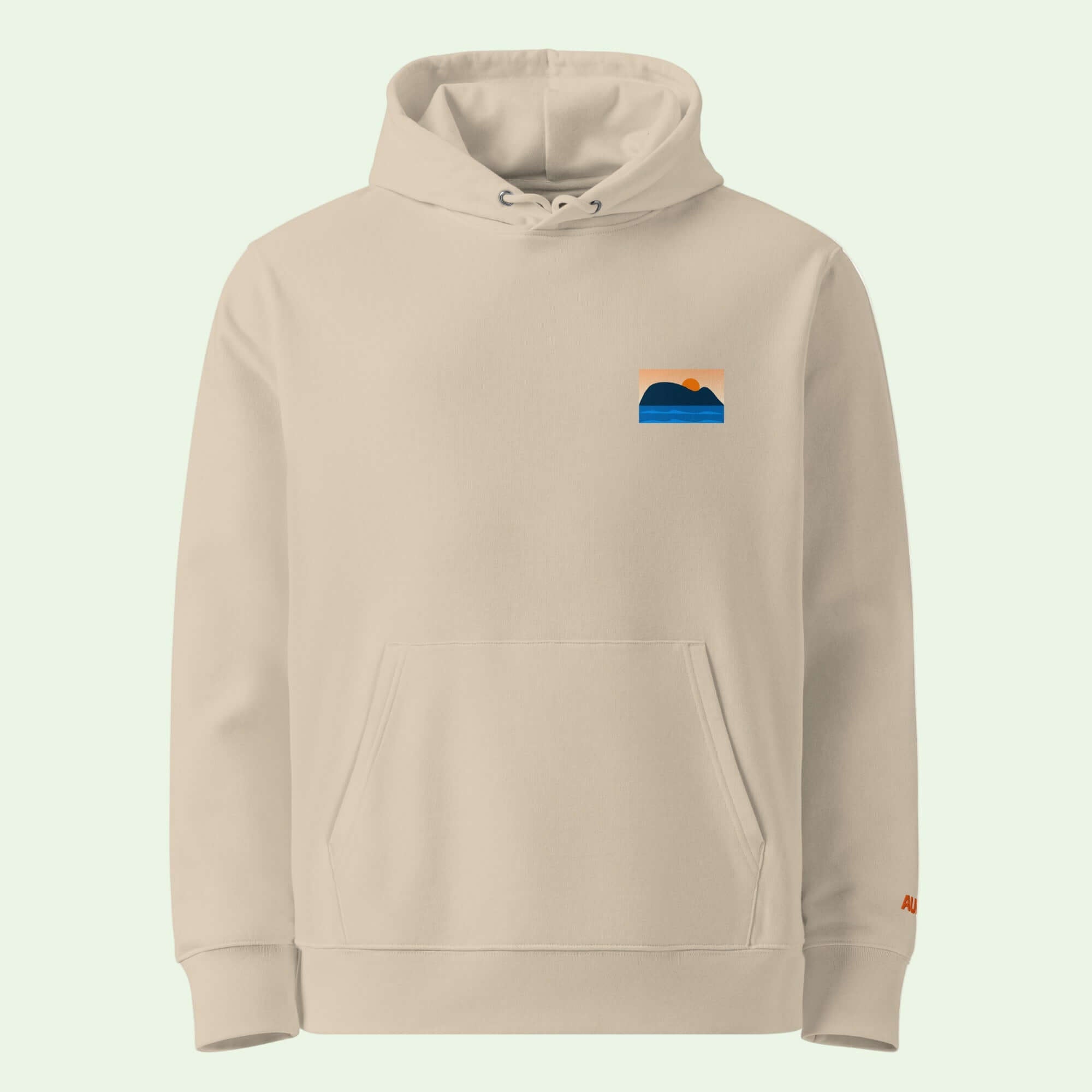 gots certified hoodie in desert dust with minimalist mouse of getaria design on chest front  by Aunti