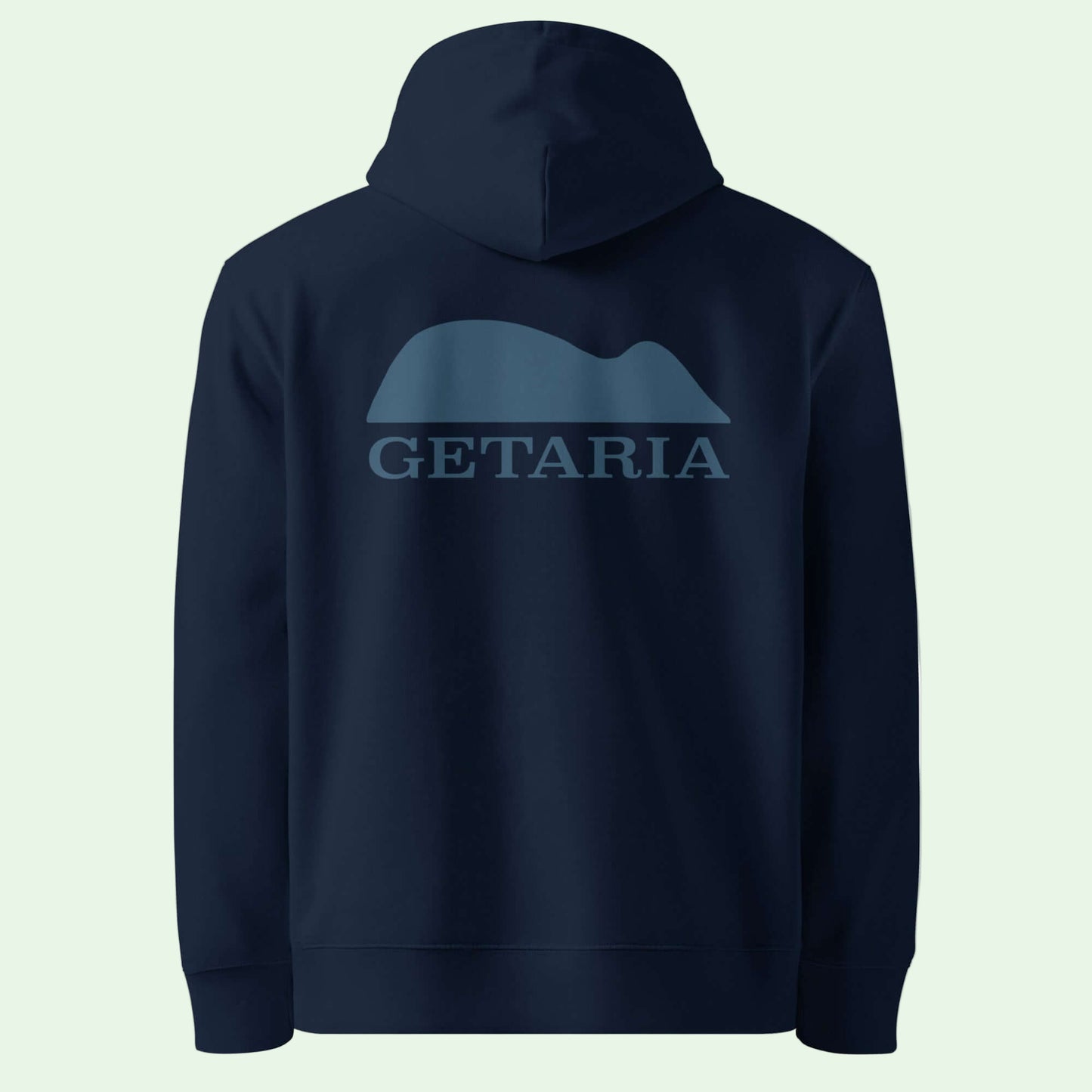 unisex eco hoodie in french navy with Getaria Mouse back design by Aunti 