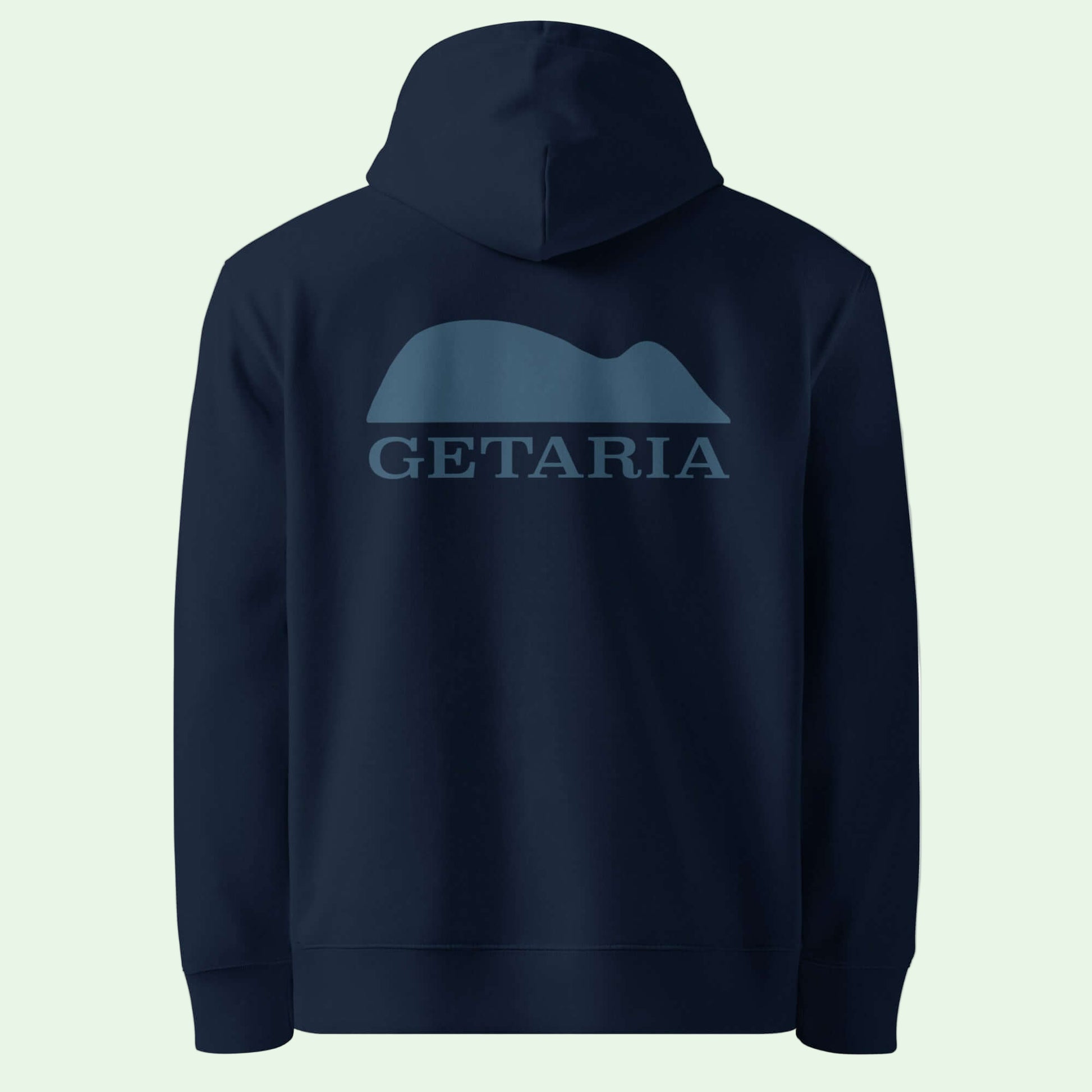 unisex eco hoodie in french navy with Getaria Mouse back design by Aunti 