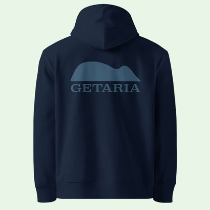unisex eco hoodie in french navy with Getaria Mouse back design by Aunti 
