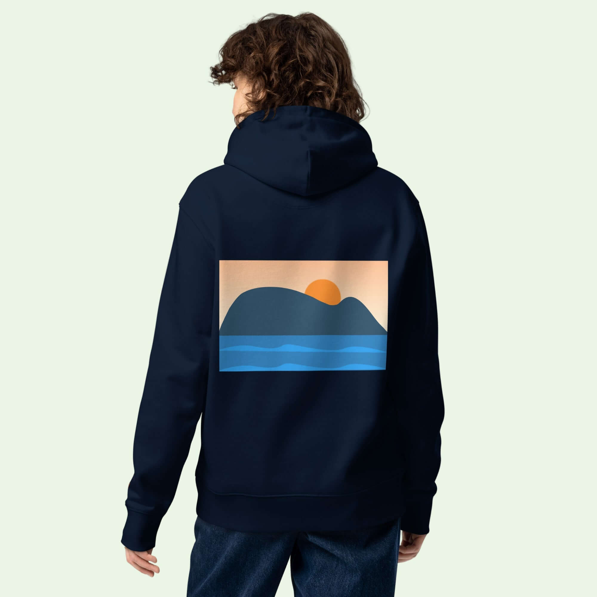 unisex eco hoodie in french navy with mouse of getaria design back by Aunti