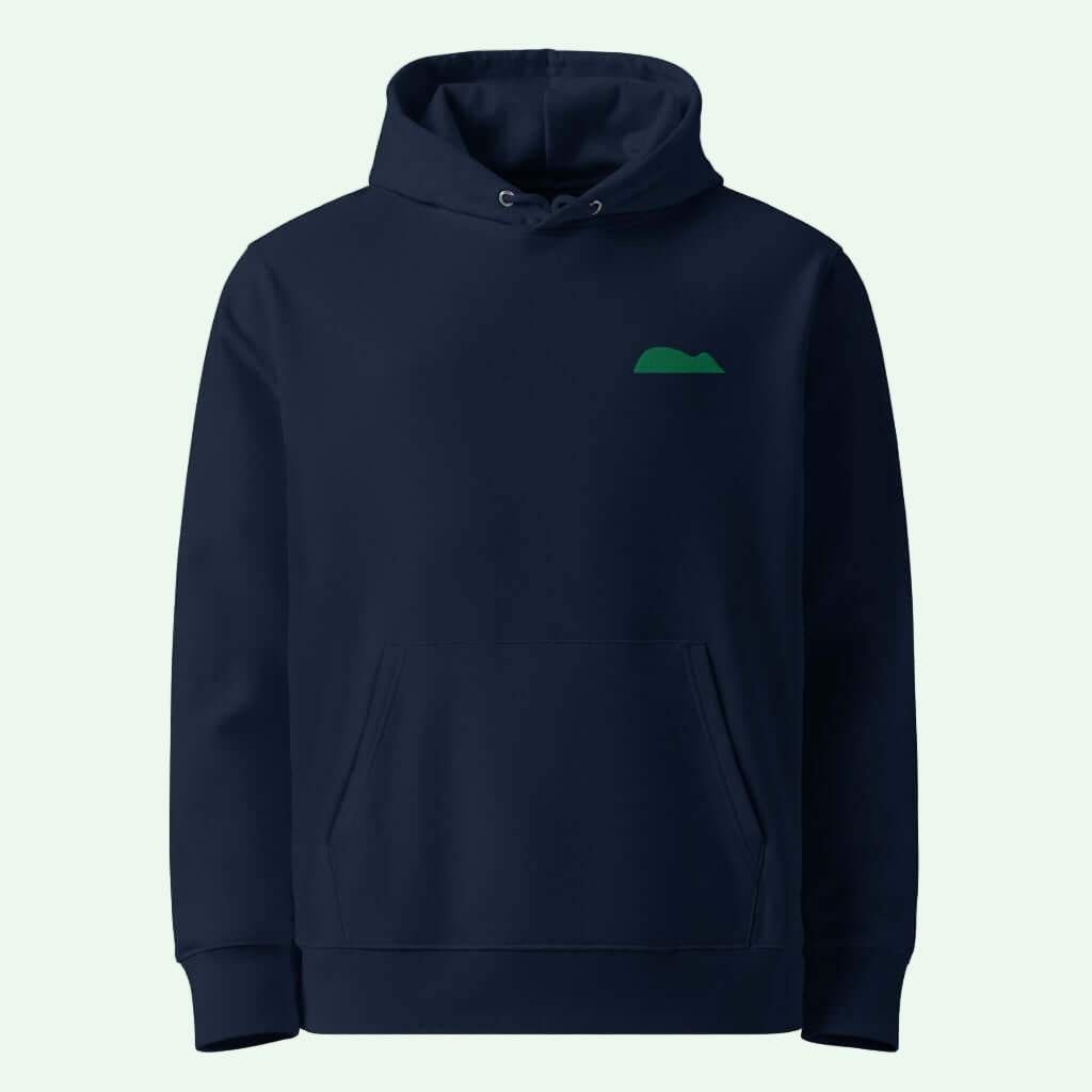 essential eco hoodie in navy with green embrodery of the raton de getaria design