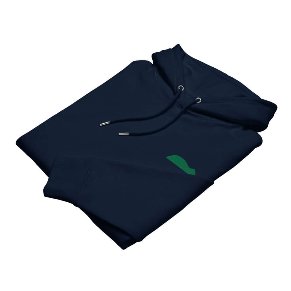 folded eco hoodie in navy with green embrodery of the raton of getaria