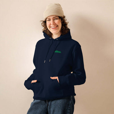 Navy eco hoodie  with Raton de Getaria embroided in forest green on left chest