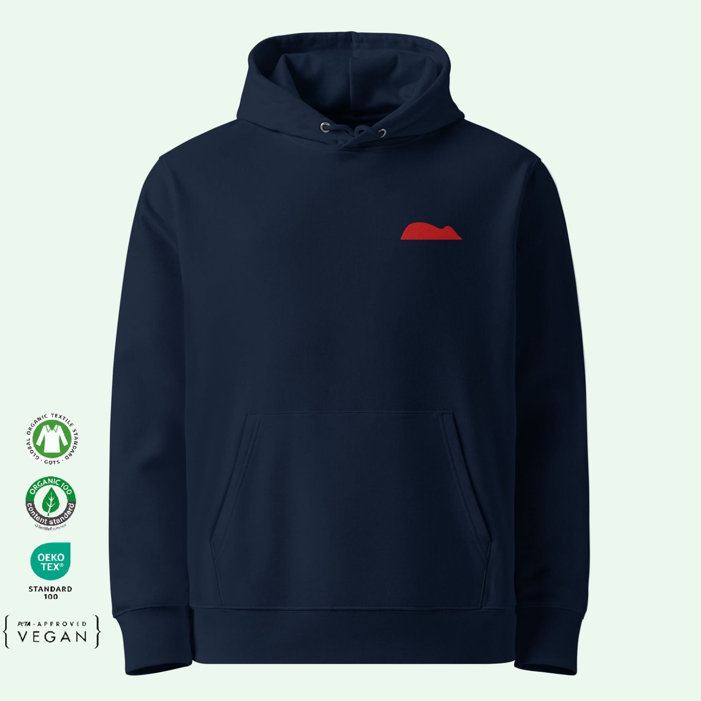unisex gots certified hoodie in frech navy with red mouse of getaria embroidered by Aunti