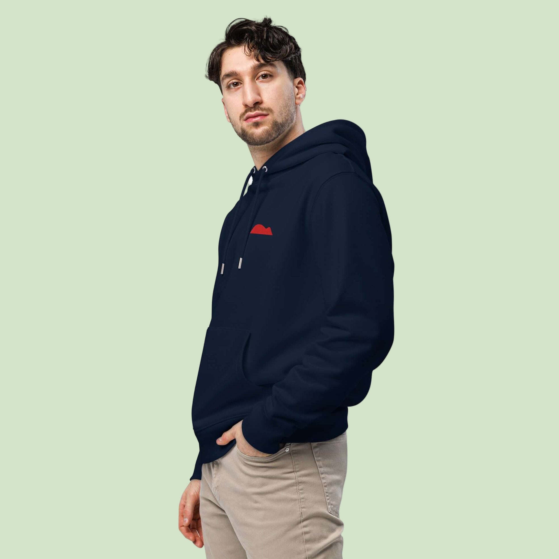unisex-essential-eco-hoodie-french-navy-left-front-with-red-embrodery-of-raton-de-getaria by Aunti