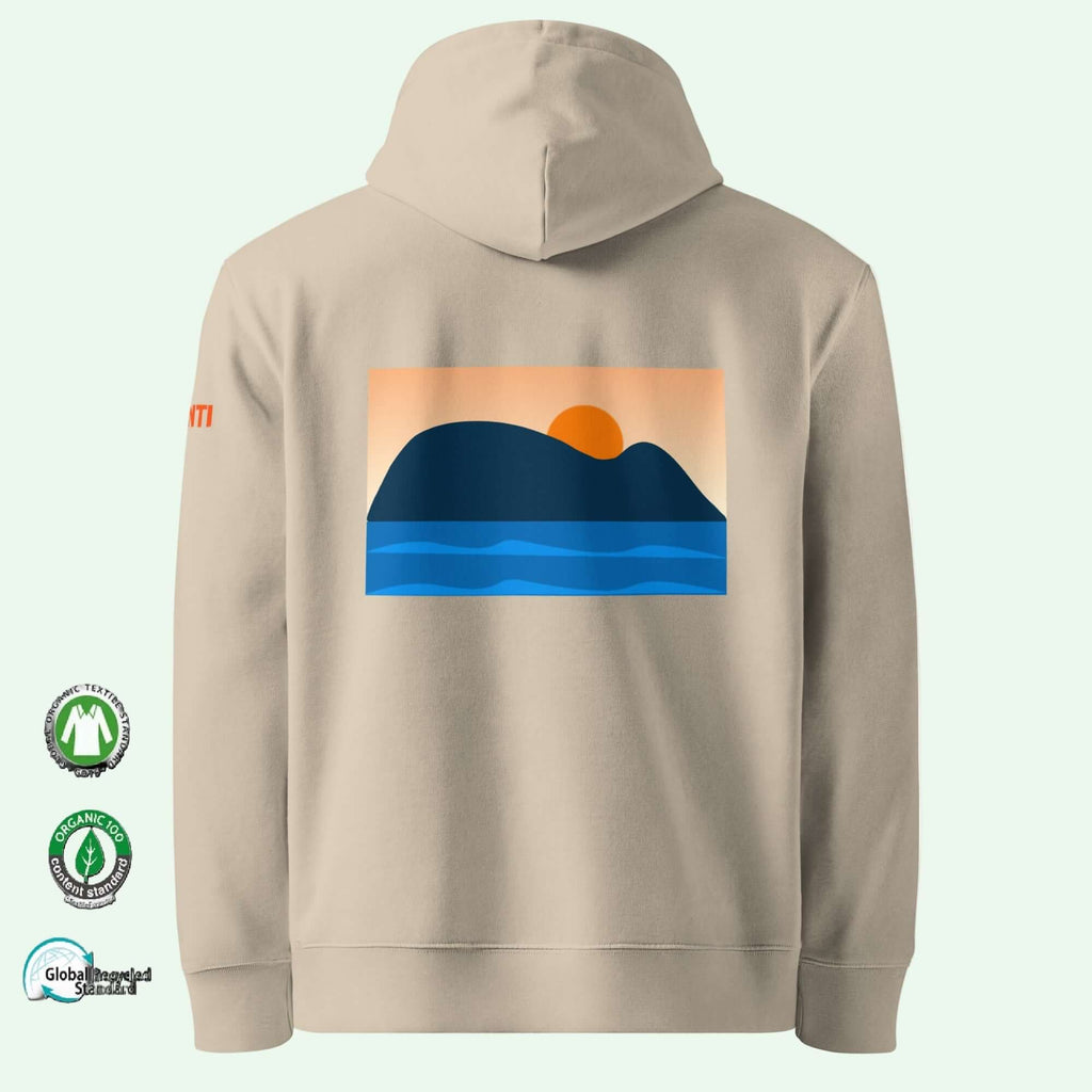 unisex organic hoodie in desert dust with raton of getaria minimalist design on back by aunti